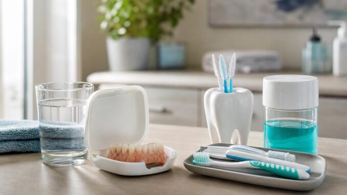 auf dem waschtisch im badezimmer liegen eine zahnprothese in einem etui zahnbürsten mundwasser ein glas wasser und zahnpflegeutensilien