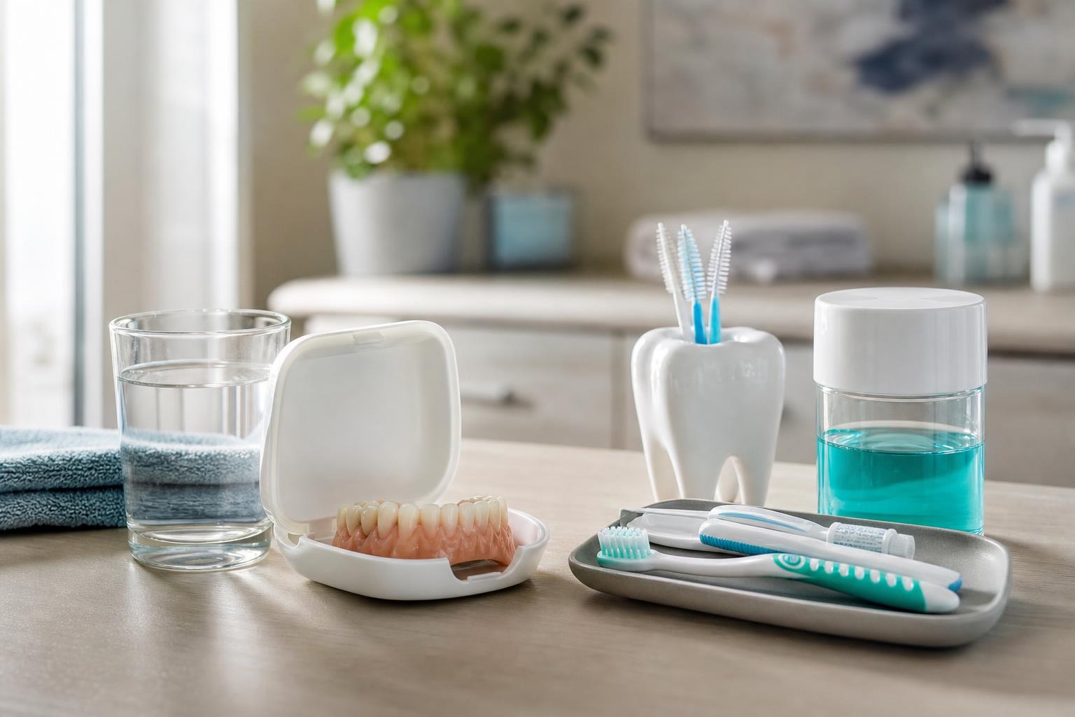 auf dem waschtisch im badezimmer liegen eine zahnprothese in einem etui zahnbürsten mundwasser ein glas wasser und zahnpflegeutensilien