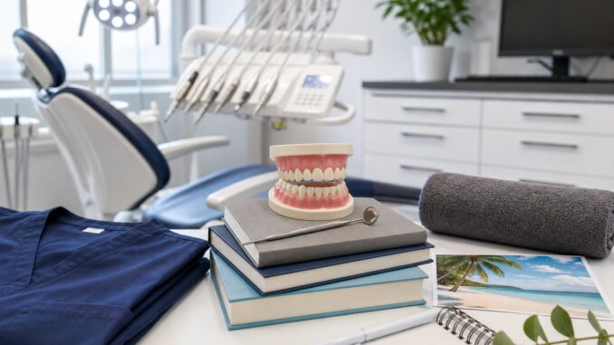 eine zahnarztpraxis mit einem zahnmodell einem zahnarztspiegel büchern blauer op kleidung einem handtuch einer pflanze und einem computer auf einer theke im hintergrund sind ein zahnarztstuhl und zahnärztliche geräte zu sehen