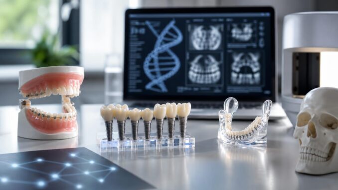 zahnmodelle zahnimplantate und ein schädel auf einem schreibtisch im hintergrund ein computer auf dem zahnröntgenbilder und eine dna helix zu sehen sind