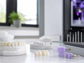 zahnkronen und werkzeuge auf weißem untergrund im hintergrund zahnmodelle und geräte in einem hellen modernen dentallabor