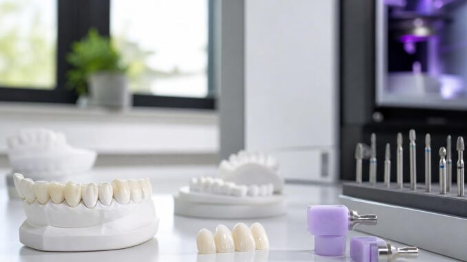 zahnkronen und werkzeuge auf weißem untergrund im hintergrund zahnmodelle und geräte in einem hellen modernen dentallabor