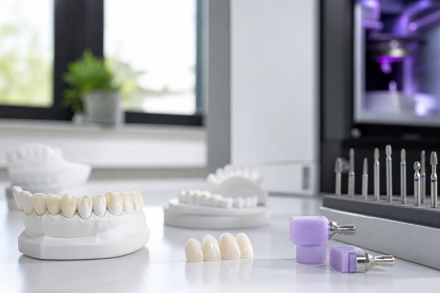 zahnkronen und werkzeuge auf weißem untergrund im hintergrund zahnmodelle und geräte in einem hellen modernen dentallabor