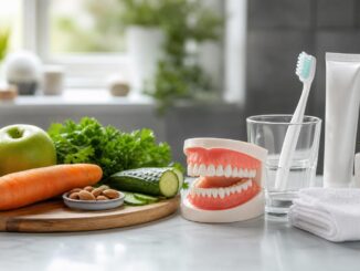 auf einer arbeitsplatte liegen eine zahnbürste zahnpasta ein glas ein zahnmodell ein handtuch ein grüner apfel eine möhre eine gurke blattgemüse und mandeln