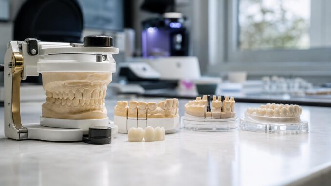 zahnprothesen und kiefermodelle auf einer arbeitsplatte in einem dentallabor im hintergrund sind zahnmedizinische geräte und ein fenster zu sehen