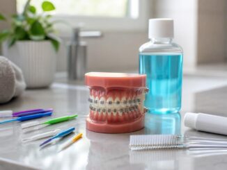 zahnmodell mit zahnspange mundwasser zahnbürste zahnpasta und interdentalbürsten die auf einem waschtisch im badezimmer angeordnet sind