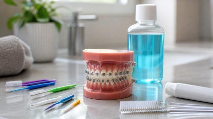 zahnmodell mit zahnspange mundwasser zahnbürste zahnpasta und interdentalbürsten die auf einem waschtisch im badezimmer angeordnet sind