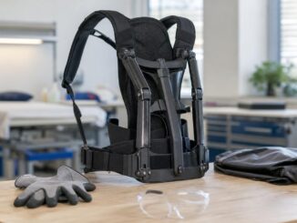 in einer hellen medizinischen oder laborumgebung steht ein schwarzer stützrahmen in form eines exoskeletts aufrecht auf einem tisch daneben liegen schutzhandschuhe eine schutzbrille und ein zusammengefaltetes tuch