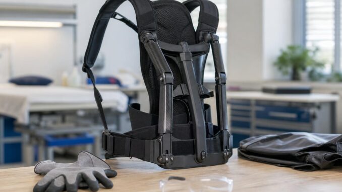 in einer hellen medizinischen oder laborumgebung steht ein schwarzer stützrahmen in form eines exoskeletts aufrecht auf einem tisch daneben liegen schutzhandschuhe eine schutzbrille und ein zusammengefaltetes tuch