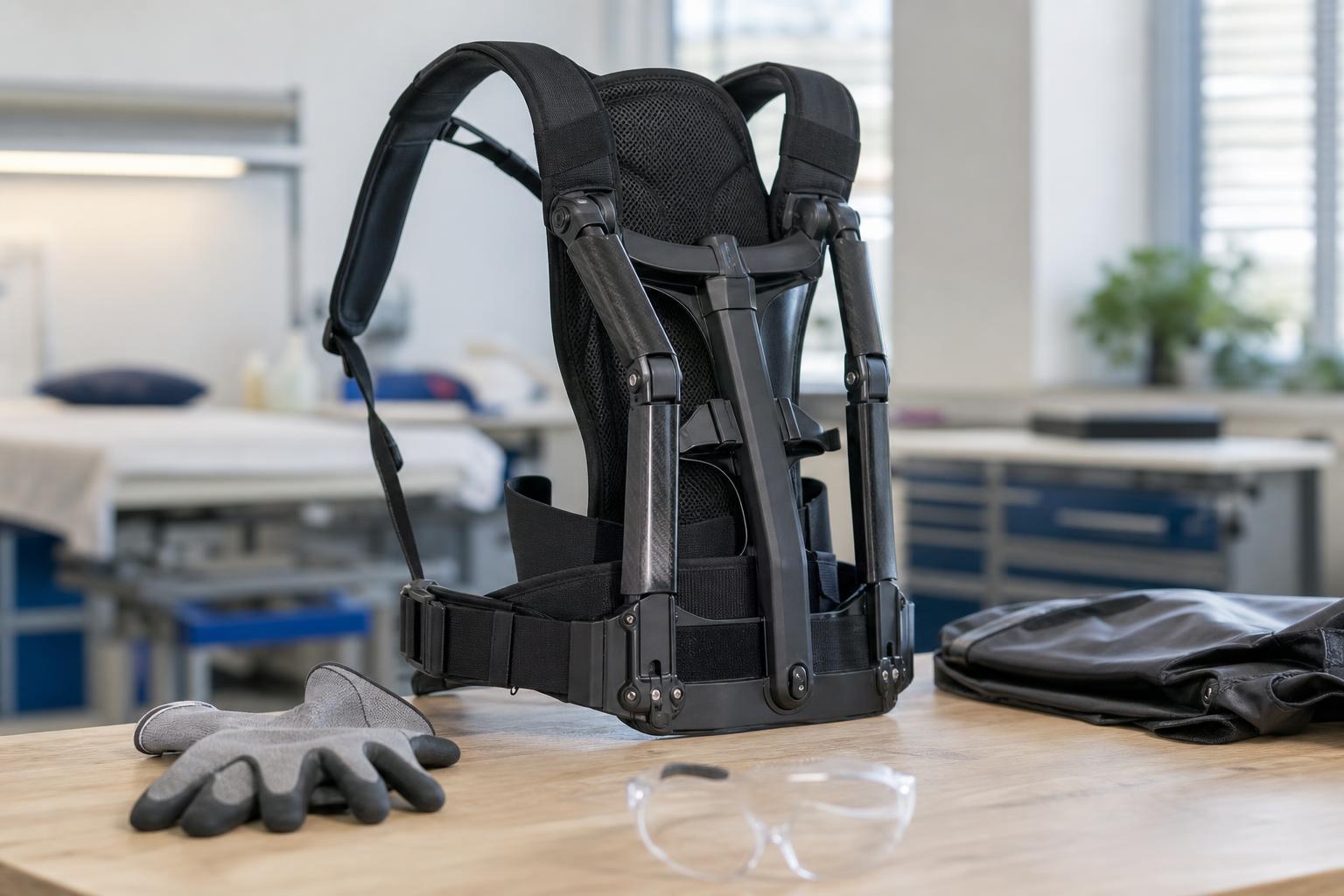 in einer hellen medizinischen oder laborumgebung steht ein schwarzer stützrahmen in form eines exoskeletts aufrecht auf einem tisch daneben liegen schutzhandschuhe eine schutzbrille und ein zusammengefaltetes tuch