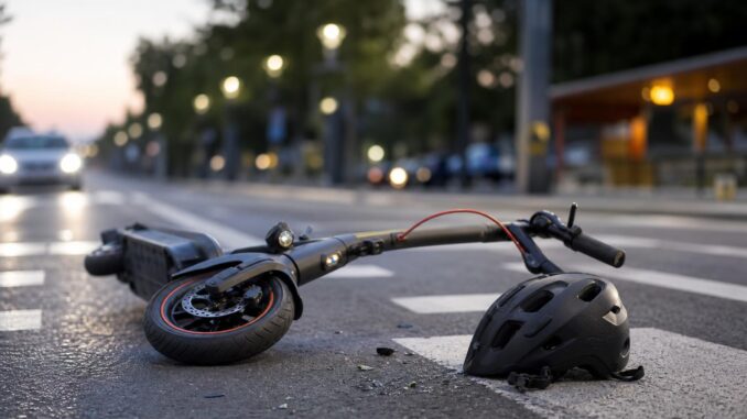 ein elektroroller und ein helm liegen in der abenddämmerung auf einer straße in der stadt im hintergrund nähert sich ein verschwommenes auto