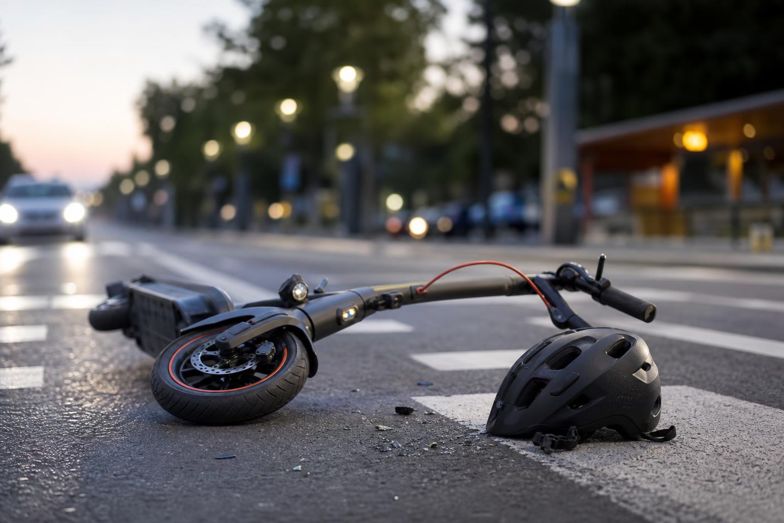 ein elektroroller und ein helm liegen in der abenddämmerung auf einer straße in der stadt im hintergrund nähert sich ein verschwommenes auto