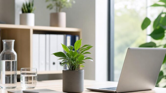 ein laptop eine topfpflanze ein notizbuch und ein glas wasser auf einem holzschreibtisch in einem hellen büro im hintergrund regale und große fenster