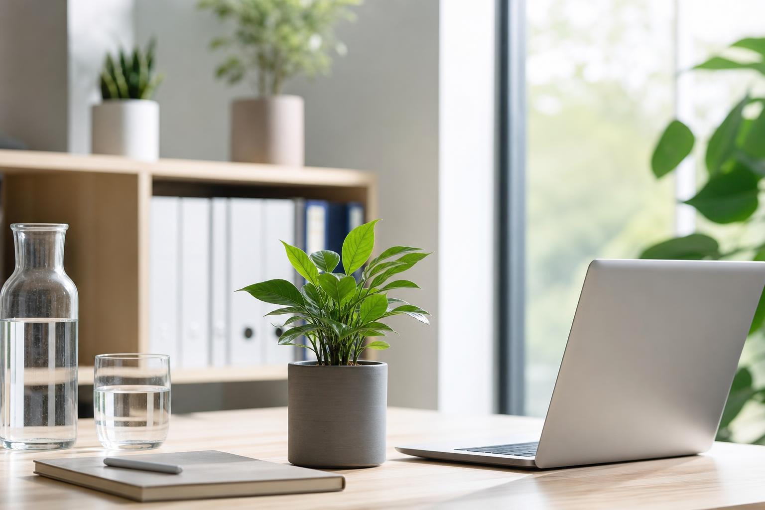 ein laptop eine topfpflanze ein notizbuch und ein glas wasser auf einem holzschreibtisch in einem hellen büro im hintergrund regale und große fenster