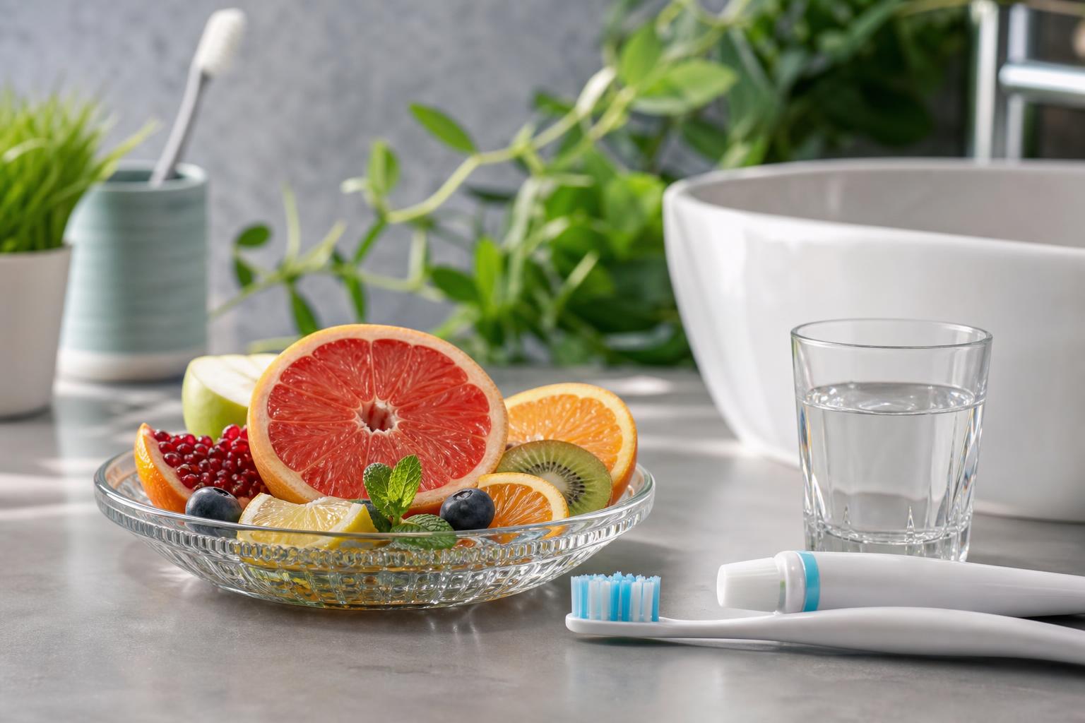 auf dem waschtisch im badezimmer steht eine glasschale mit obstscheiben neben zwei zahnbürsten und einem glas wasser im hintergrund sind pflanzen zu sehen