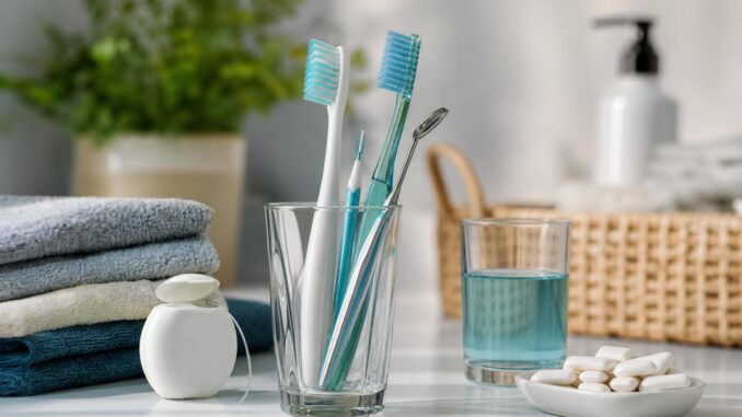 zwei zahnbürsten und ein zahnspiegel in einem glas zahnseide gefaltete handtücher mundwasser und pfefferminzbonbons auf dem waschtisch im hintergrund eine pflanze und toilettenartikel