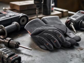 ein paar schwarze arbeitshandschuhe liegt auf einer metallwerkbank umgeben von elektrowerkzeugen darunter eine bohrmaschine und eine schleifmaschine