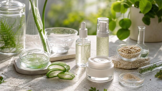 verschiedene natürliche hautpflegeprodukte und inhaltsstoffe darunter aloe vera cremes seren haferflocken und glasbehälter angeordnet auf einer hellen fläche mit grünen pflanzen im hintergrund