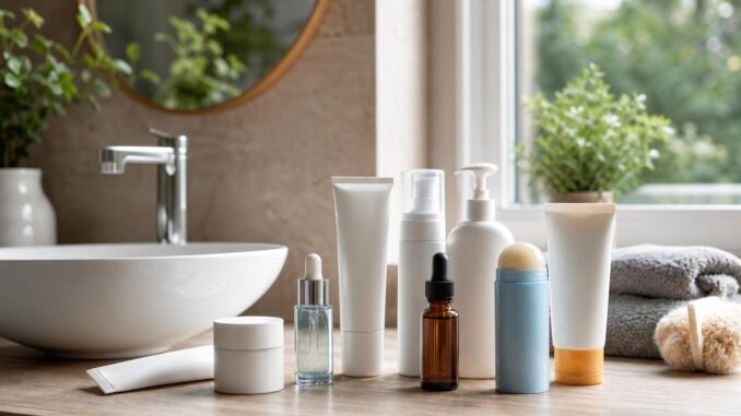 verschiedene hautpflege und hygieneartikel in flaschen und tuben sind auf einem waschtisch im badezimmer neben einem waschbecken einem spiegel und gefalteten handtüchern angeordnet im hintergrund sind topfpflanzen zu sehen