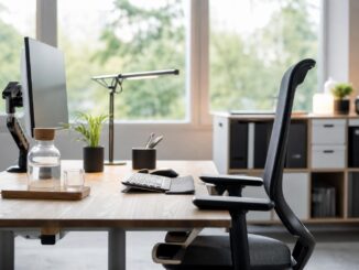 moderner arbeitsplatz mit einem computermonitor einer tastatur einer wasserflasche topfpflanzen und einer schreibtischlampe auf einem holzschreibtisch vor großen fenstern