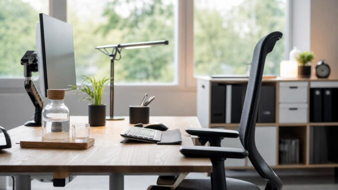 moderner arbeitsplatz mit einem computermonitor einer tastatur einer wasserflasche topfpflanzen und einer schreibtischlampe auf einem holzschreibtisch vor großen fenstern