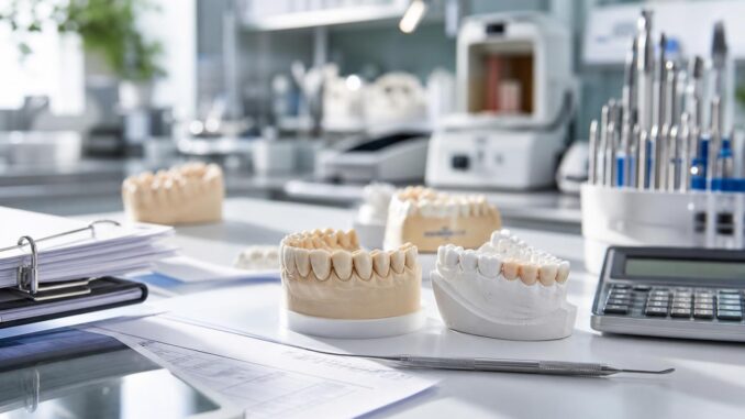 arbeitsbereich in einem dentallabor mit zahnabdrücken zahnärztlichen instrumenten unterlagen einem taschenrechner und geräten die auf einem schreibtisch angeordnet sind