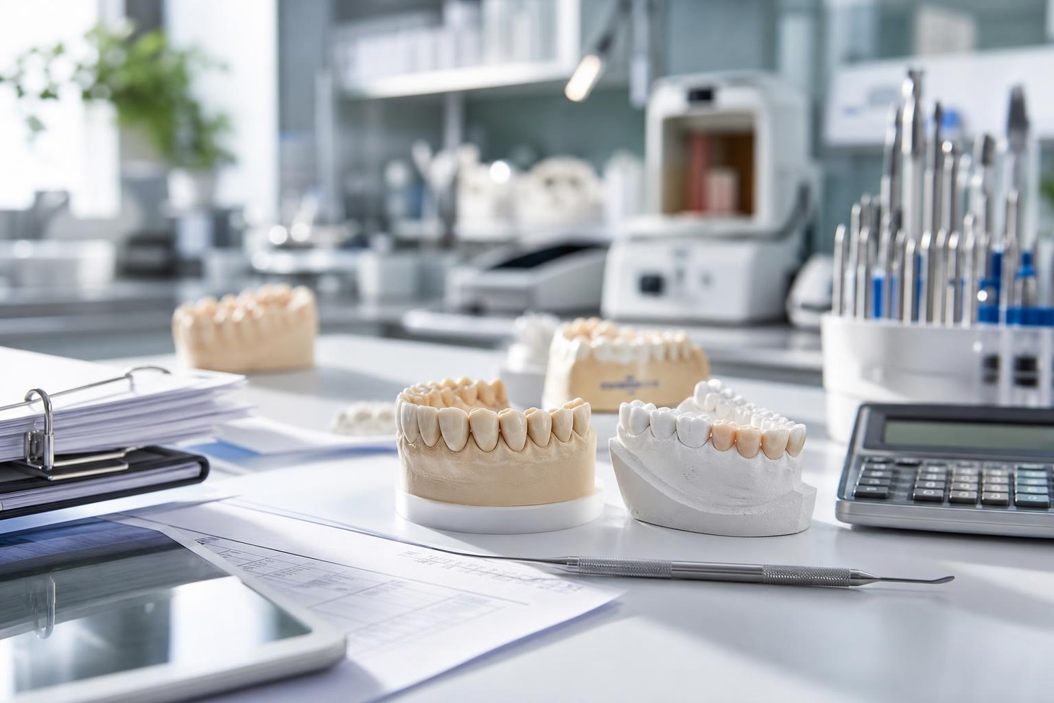 arbeitsbereich in einem dentallabor mit zahnabdrücken zahnärztlichen instrumenten unterlagen einem taschenrechner und geräten die auf einem schreibtisch angeordnet sind