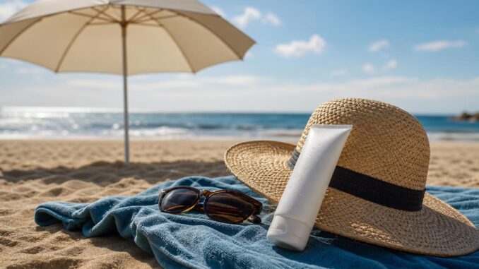 ein strohhut eine sonnenbrille und eine tube sonnencreme liegen auf einem handtuch am sandstrand im hintergrund sind ein weißer sonnenschirm und das meer zu sehen