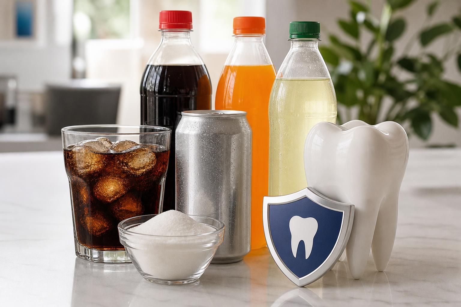 auf einer marmorfläche in einem innenraum sind verschiedene zuckerhaltige getränke ein glas cola mit eis eine schale mit zucker und ein modellzahn mit einem schild symbol zu sehen