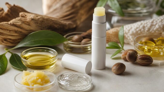 eine geöffnete lippenbalsam tube mit deckel umgeben von schälchen mit Ölen sheabutter gel nüssen grünen blättern und natürlichen dekorationselementen auf einer hellen unterlage