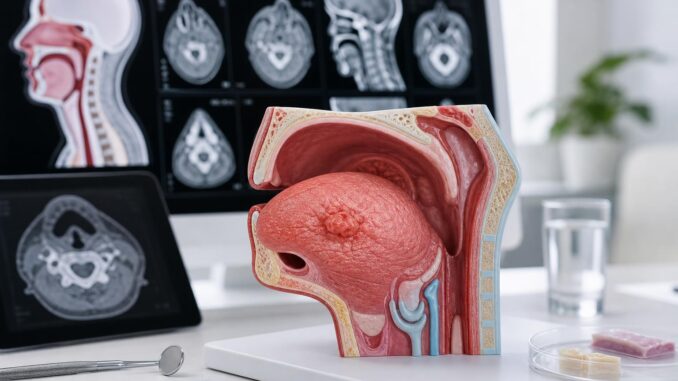 ein medizinisches modell des menschlichen rachen und mundraums steht auf einem schreibtisch während im hintergrund auf computerbildschirmen anatomische scans von kopf und hals zu sehen sind