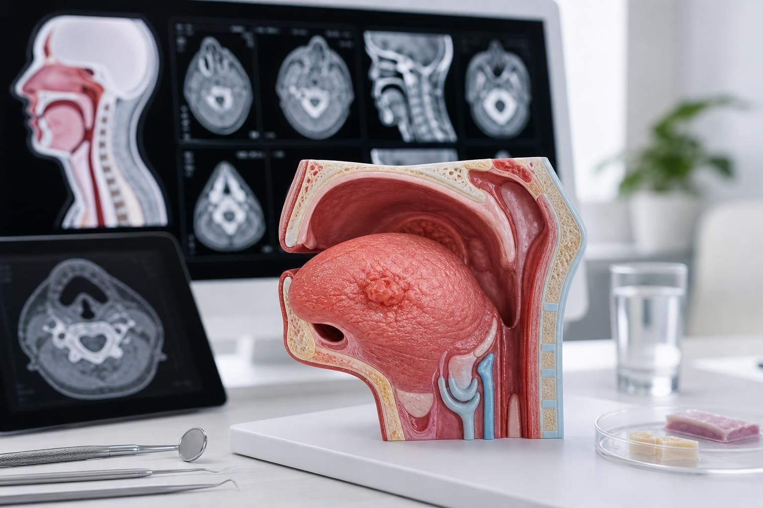 ein medizinisches modell des menschlichen rachen und mundraums steht auf einem schreibtisch während im hintergrund auf computerbildschirmen anatomische scans von kopf und hals zu sehen sind