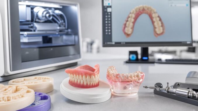 zahnprothesen und abformungen auf einem tisch neben einem d drucker im hintergrund ein computer auf dem ein zahnmodell zu sehen ist in einem dentallabor