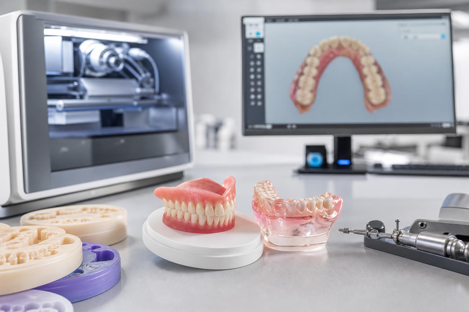 zahnprothesen und abformungen auf einem tisch neben einem d drucker im hintergrund ein computer auf dem ein zahnmodell zu sehen ist in einem dentallabor