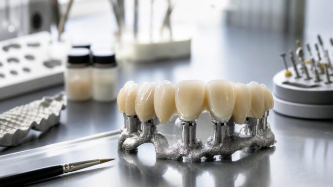eine reihe von zahnimplantaten mit künstlichen zähnen auf einer metallbasis steht auf einer spiegelnden oberfläche in einem dentallabor umgeben von zahnärztlichen instrumenten und materialien