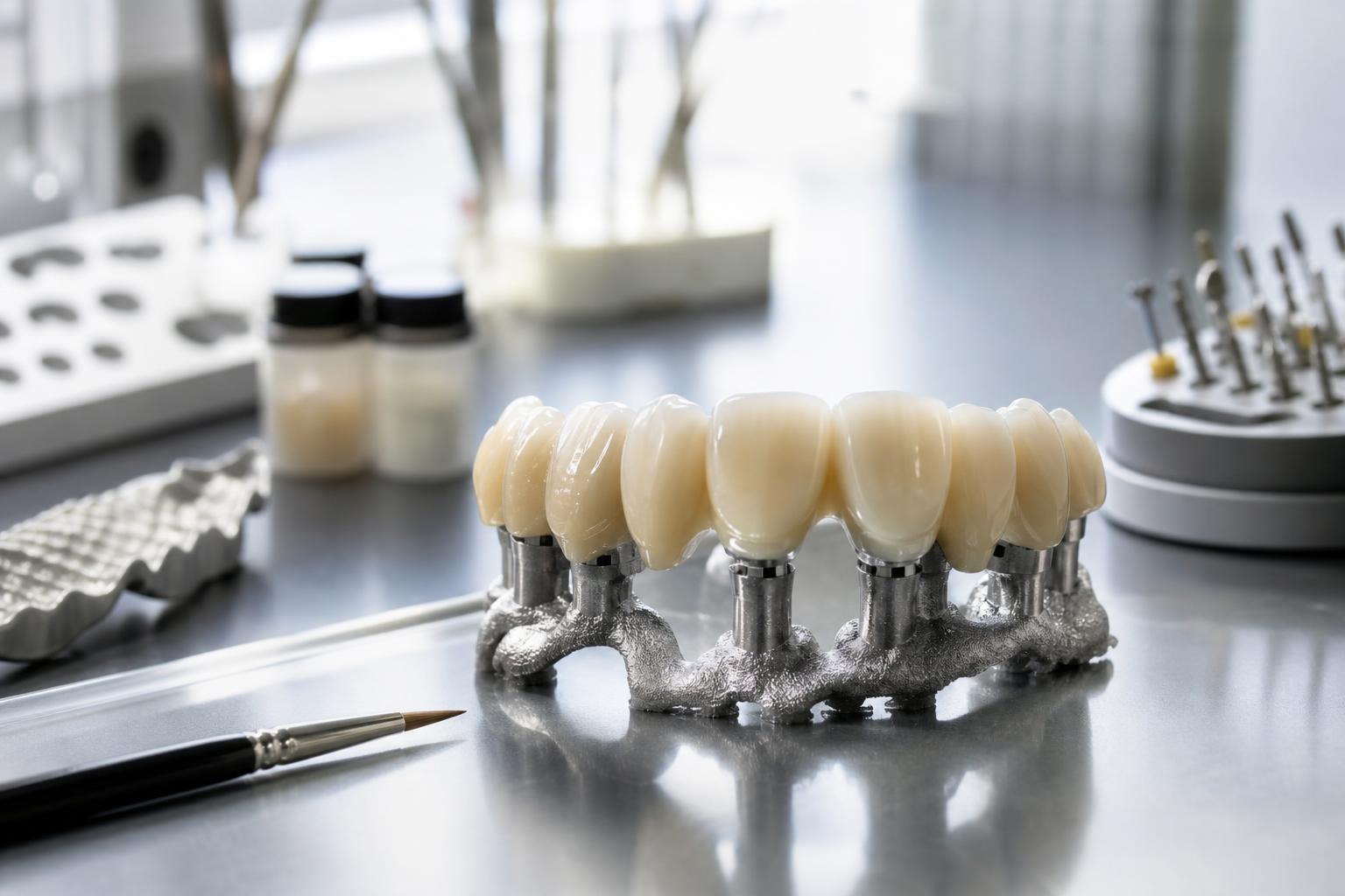 eine reihe von zahnimplantaten mit künstlichen zähnen auf einer metallbasis steht auf einer spiegelnden oberfläche in einem dentallabor umgeben von zahnärztlichen instrumenten und materialien
