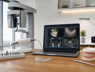eine zahnarztpraxis mit einem laptop auf dem zahnscans zahnärztliche instrumente und zahnmodelle zu sehen sind sowie einem d scanner auf einem holztisch