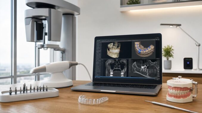 eine zahnarztpraxis mit einem laptop auf dem zahnscans zahnärztliche instrumente und zahnmodelle zu sehen sind sowie einem d scanner auf einem holztisch