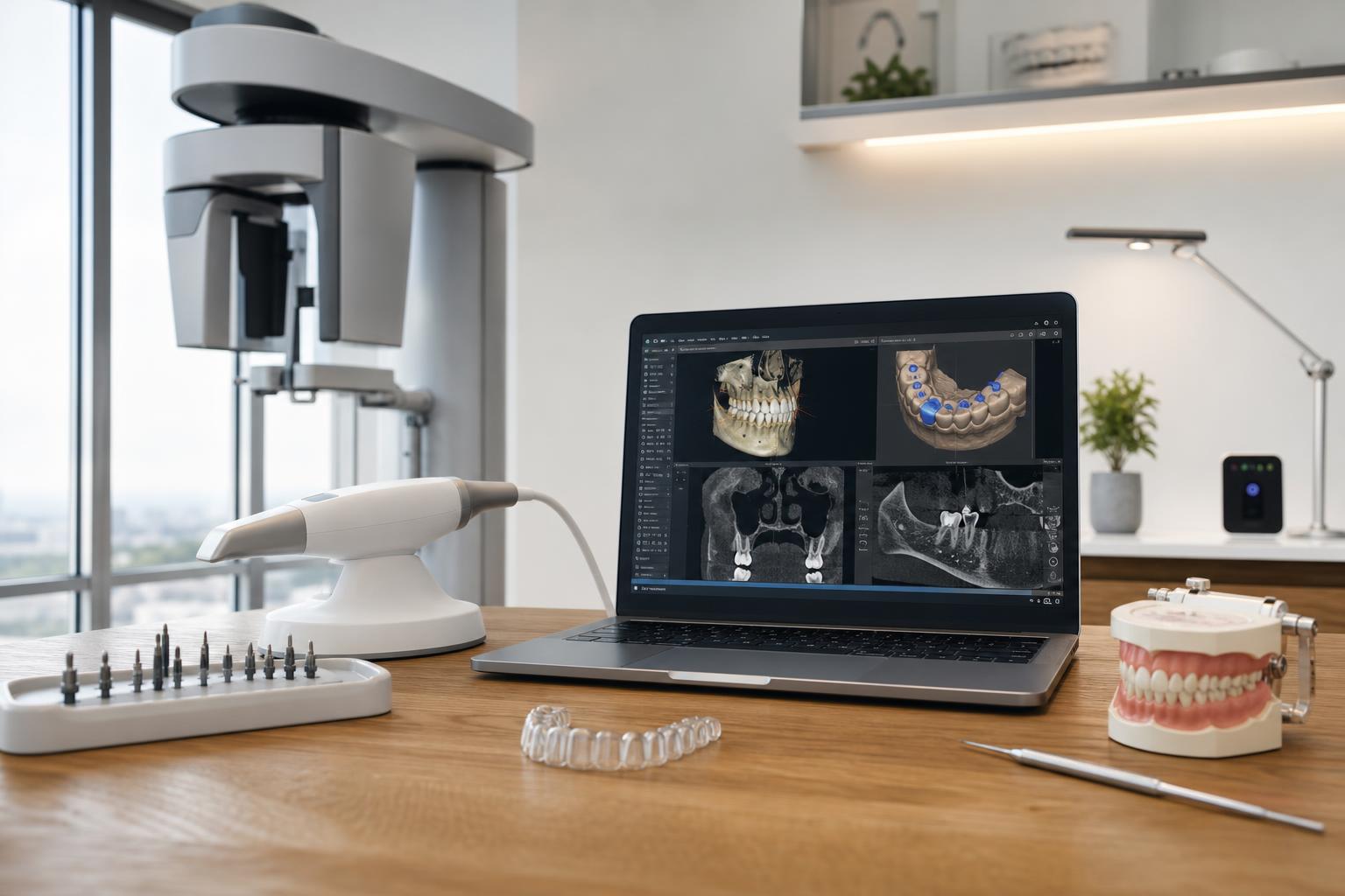 eine zahnarztpraxis mit einem laptop auf dem zahnscans zahnärztliche instrumente und zahnmodelle zu sehen sind sowie einem d scanner auf einem holztisch