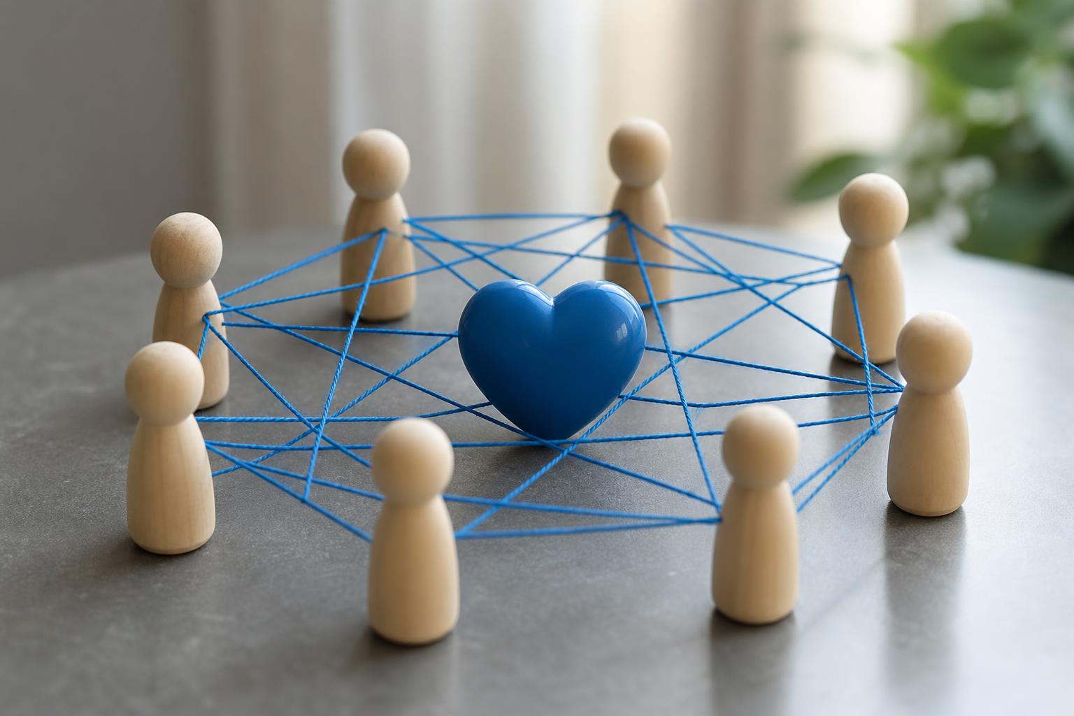 sieben holzfiguren sind auf einer grauen fläche kreisförmig um ein blaues herz angeordnet und durch blaue schnüre in einem netzartigen muster miteinander verbunden