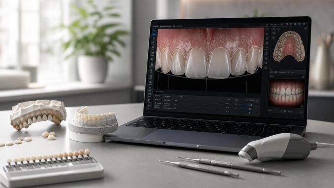 auf einem laptop ist eine zahnmedizinische bildgebungssoftware zu sehen die zähne und zahnfleisch anzeigt; daneben liegen auf einer arbeitsfläche zahnmodelle farbskalen und zahnärztliche instrumente