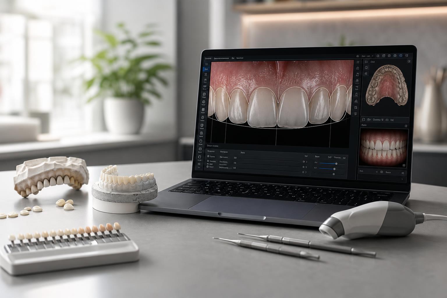 auf einem laptop ist eine zahnmedizinische bildgebungssoftware zu sehen die zähne und zahnfleisch anzeigt; daneben liegen auf einer arbeitsfläche zahnmodelle farbskalen und zahnärztliche instrumente