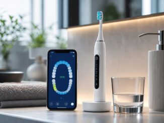 eine elektrische zahnbürste auf einer ladestation neben einem glas wasser einem seifenspender und einem smartphone auf dem eine zahnpflege app angezeigt wird auf einem waschtisch im badezimmer