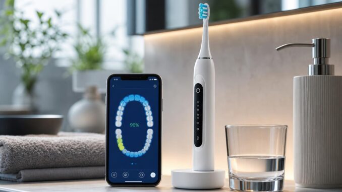 eine elektrische zahnbürste auf einer ladestation neben einem glas wasser einem seifenspender und einem smartphone auf dem eine zahnpflege app angezeigt wird auf einem waschtisch im badezimmer