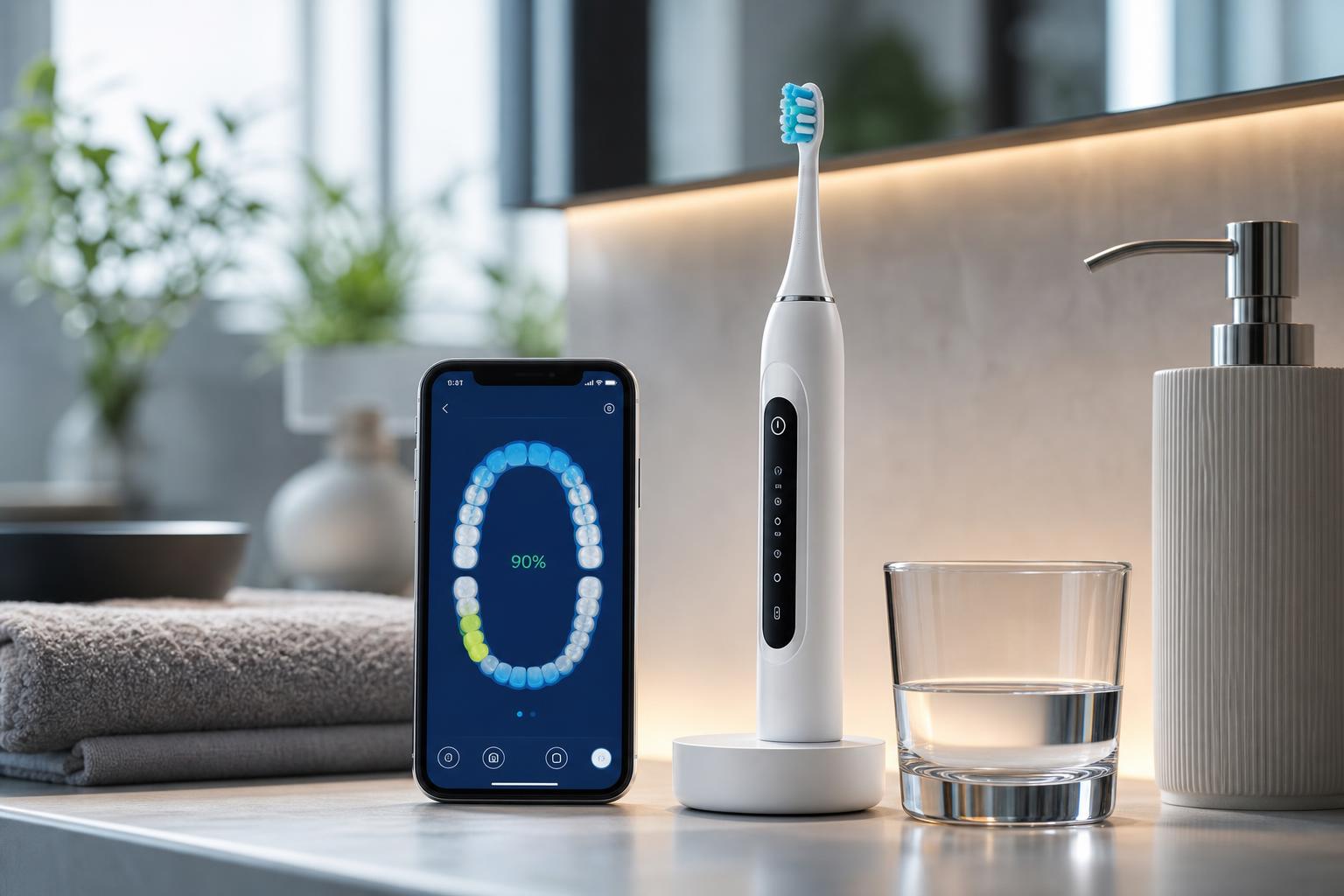 eine elektrische zahnbürste auf einer ladestation neben einem glas wasser einem seifenspender und einem smartphone auf dem eine zahnpflege app angezeigt wird auf einem waschtisch im badezimmer