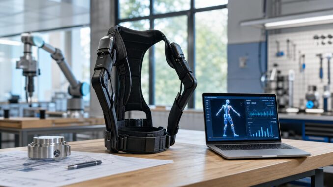 auf einer werkbank in einem modernen labor stehen ein roboter exoskelett und ein laptop auf dessen bildschirm ein digitales menschliches skelett zu sehen ist