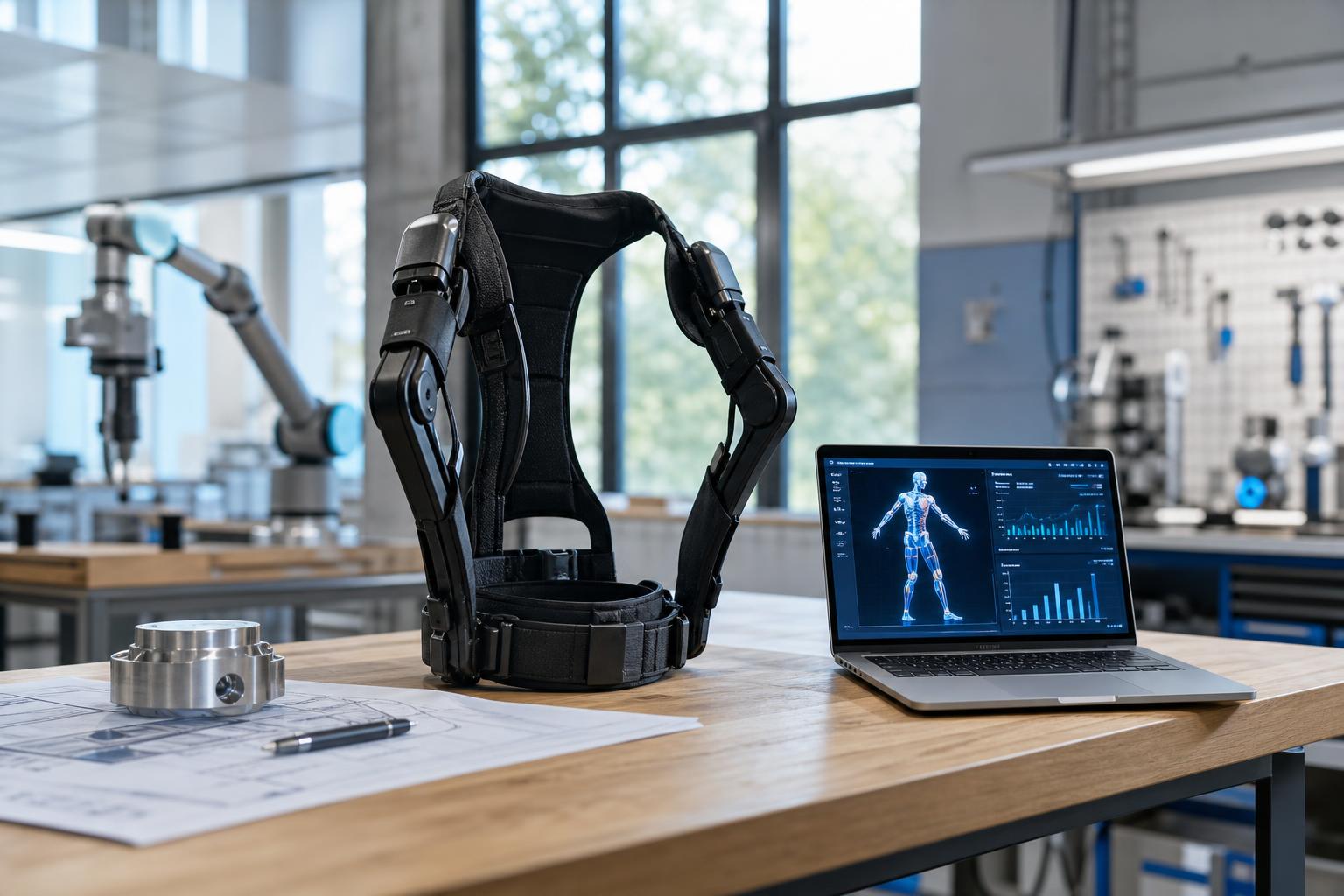 auf einer werkbank in einem modernen labor stehen ein roboter exoskelett und ein laptop auf dessen bildschirm ein digitales menschliches skelett zu sehen ist