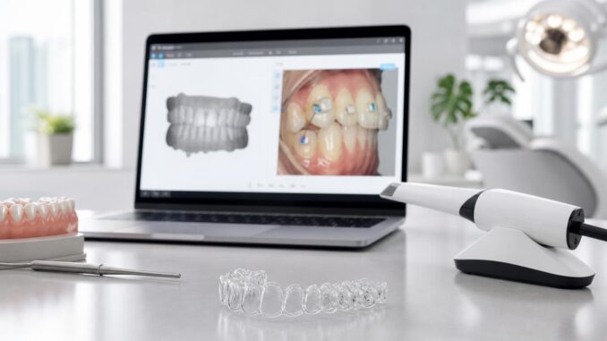 ein schreibtisch in einer zahnarztpraxis mit einem laptop auf dem zahnbilder zu sehen sind zahnärztlichen instrumenten einer transparenten zahnschiene einem zahnmodell und einem intraoralen d scanner