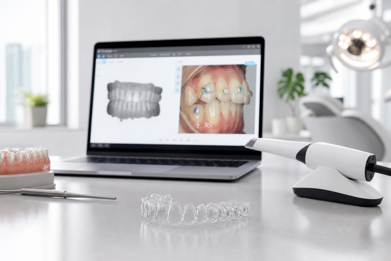 ein schreibtisch in einer zahnarztpraxis mit einem laptop auf dem zahnbilder zu sehen sind zahnärztlichen instrumenten einer transparenten zahnschiene einem zahnmodell und einem intraoralen d scanner