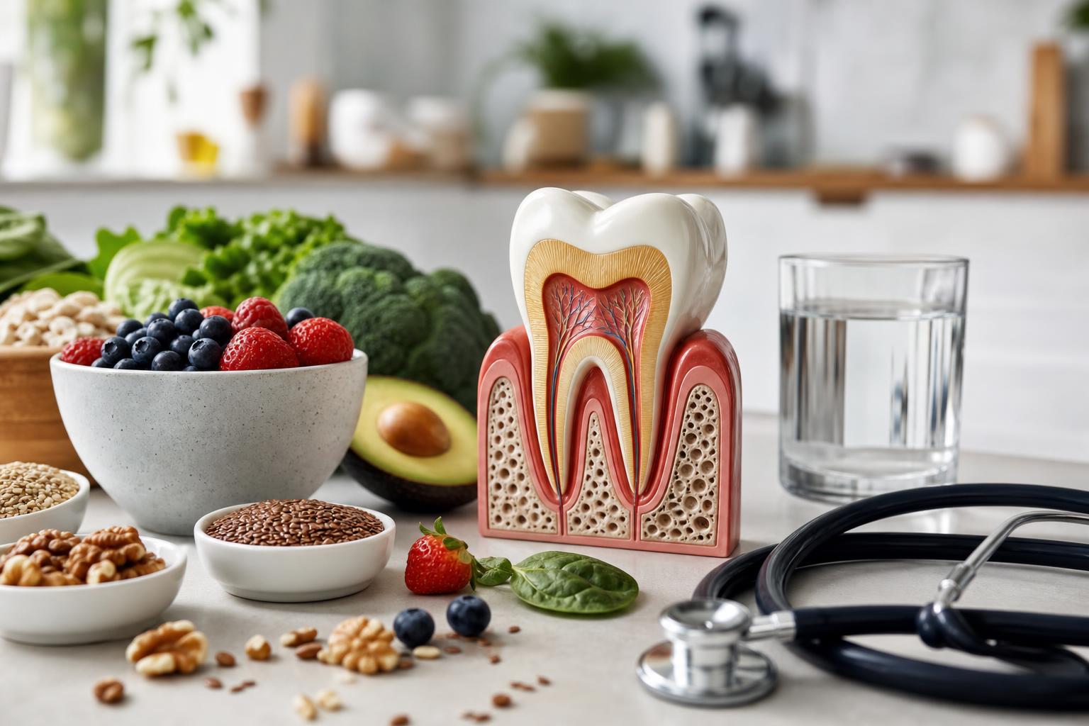 auf einem tisch liegen ein zahnmodell gesunde lebensmittel ein glas wasser und ein stethoskop was auf einen zusammenhang zwischen ernährung und zahngesundheit hindeutet